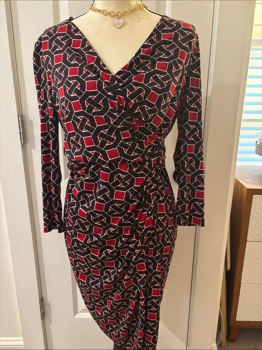 Maggy London Red and Brown Geometric Wrap-Style Long Sleeve Dress